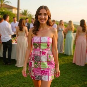 Lilly Pulitzer Strapless Patchwork Dress Pink Green Floral Stripe Cotton Blend 2